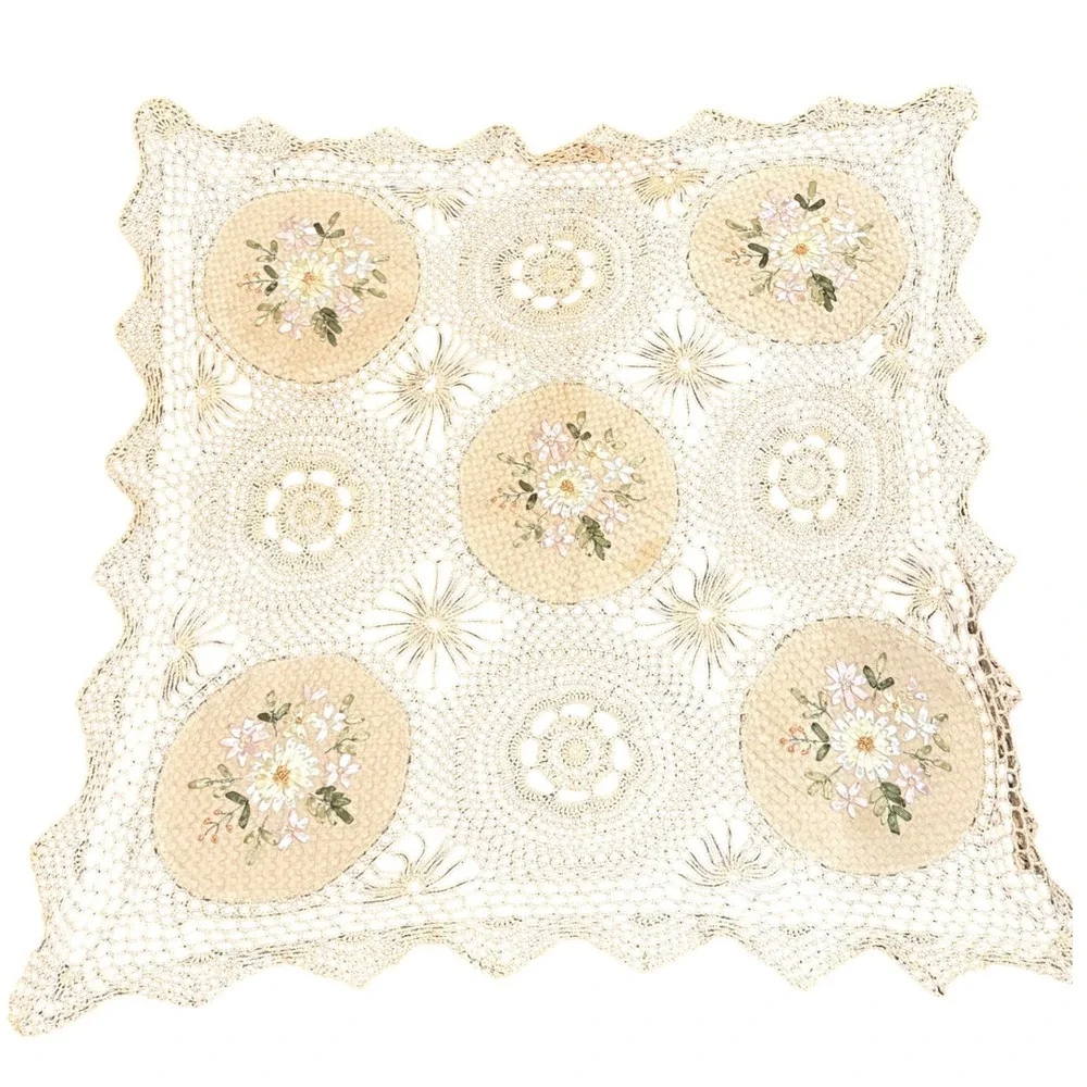 Vintage Hand Crocheted Lace Square Tablecloth Silk Ribbon Embroidery Floral 35in